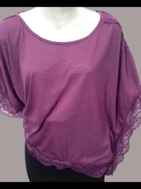 VTG Y2k Route 66 Grape Purple Lace-Trim Dolman Tee